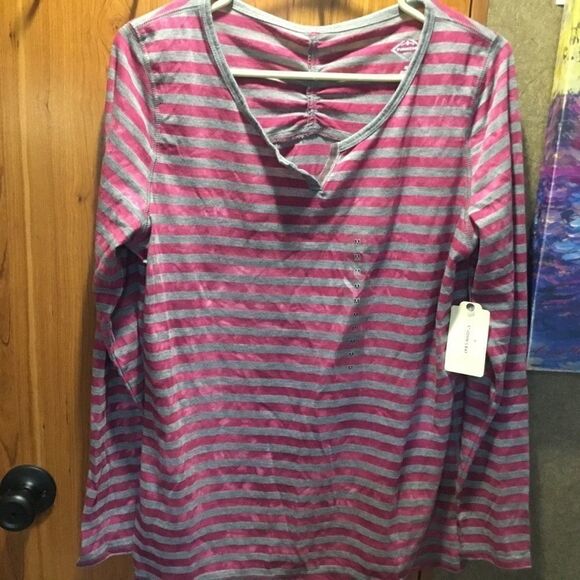 NWT. St. John’s Bay Pink & Gray Stripe L/S Top - Picture 6 of 6